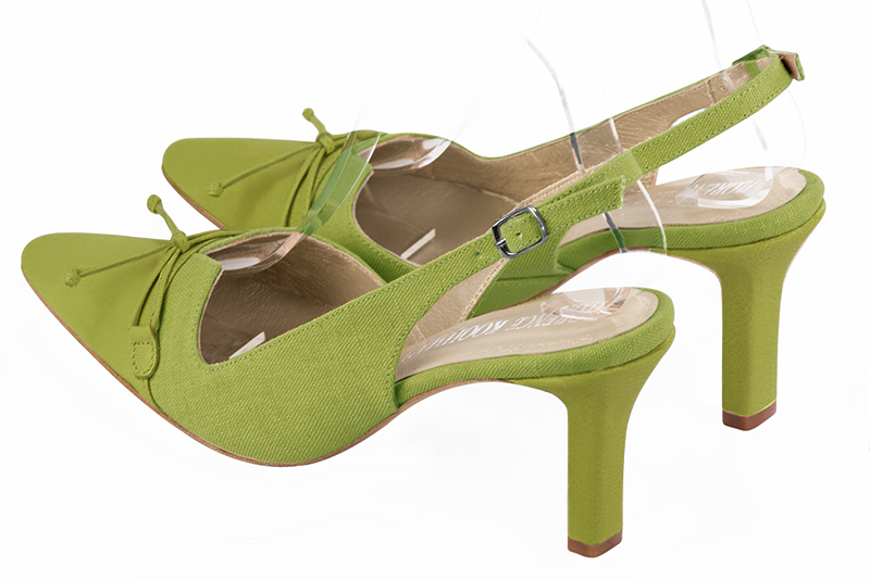 Pistachio green women's open back shoes, with a knot. Tapered toe. High slim heel. Rear view - Florence KOOIJMAN